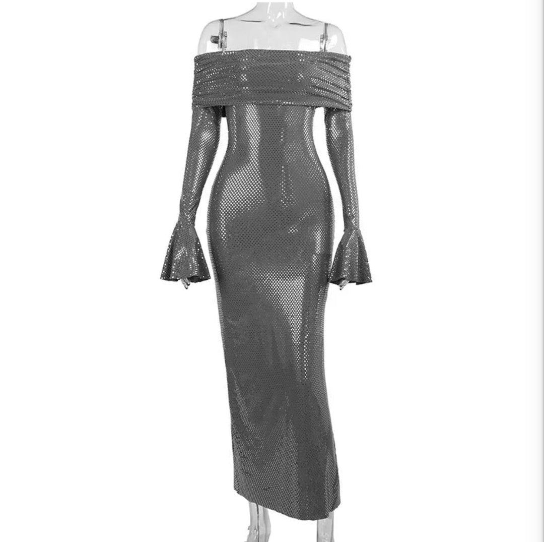 Juliette | Robe Longue Mesh Manches Cloche Col Off-Épaules