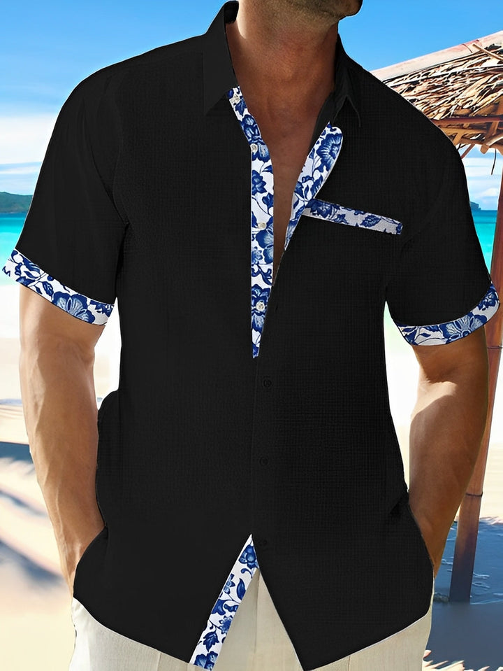 Olivier | Chemise Manches Courtes Col Fleuri Bleu Clair