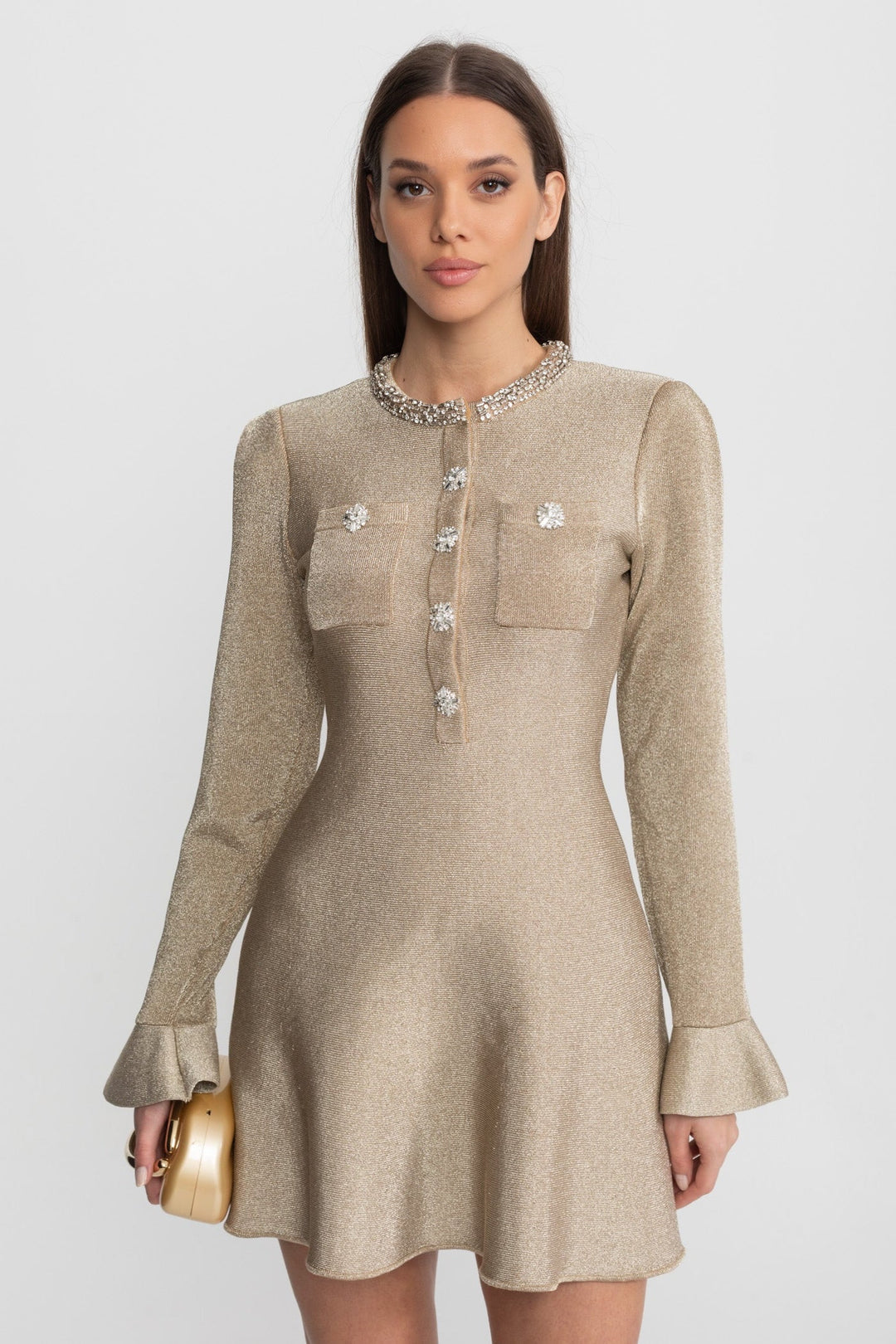 Remy | Robe Mini Soirée Col Bijou Manches Longues