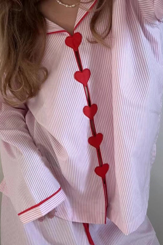 Héloïse | Pyjama Femme Rayé Col Boutons Cœur