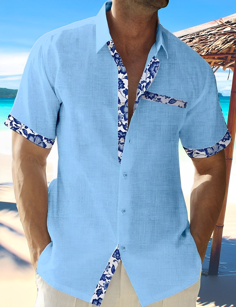 Olivier | Chemise Manches Courtes Col Fleuri Bleu Clair
