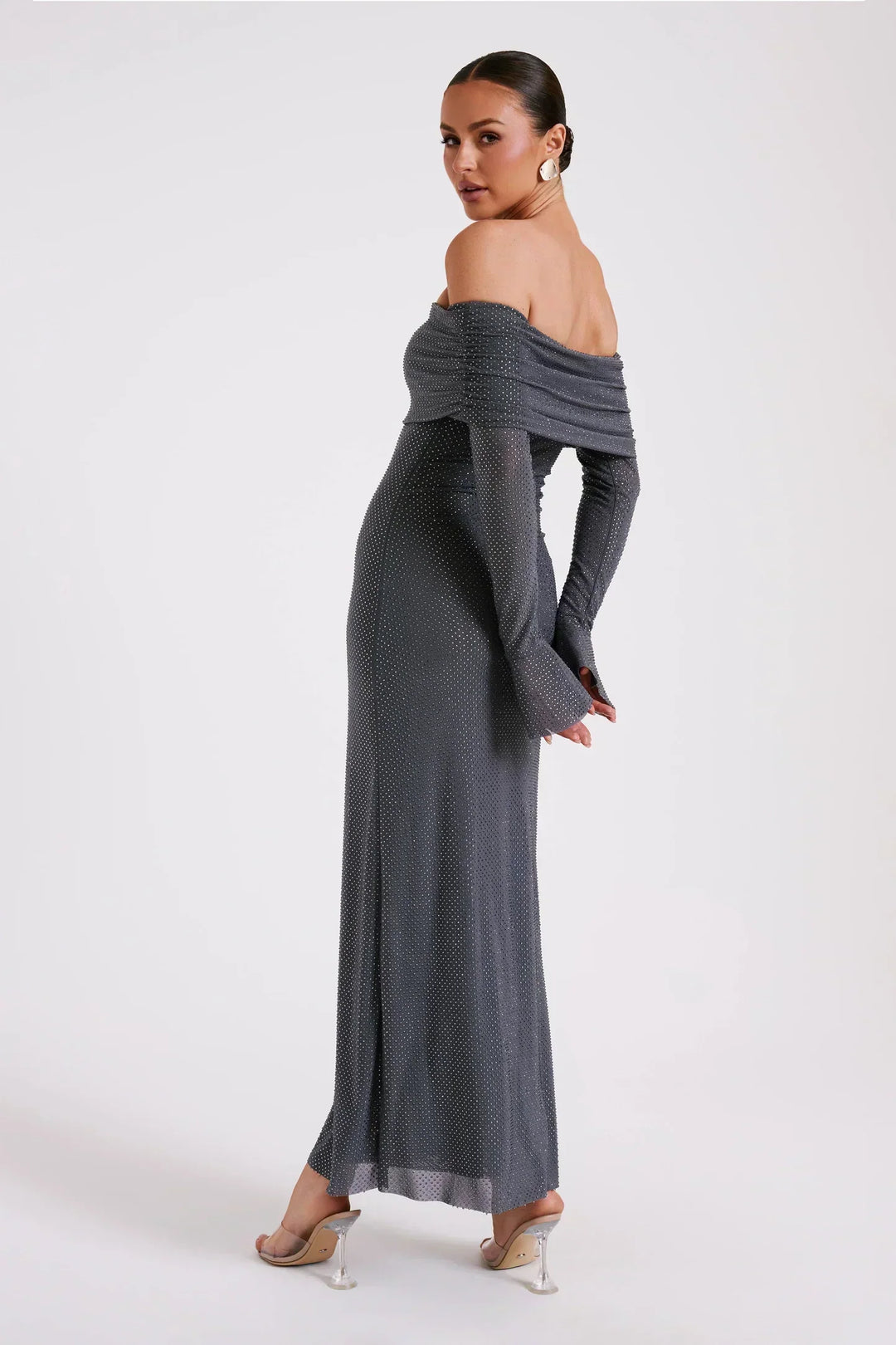 Juliette | Robe Longue Mesh Manches Cloche Col Off-Épaules