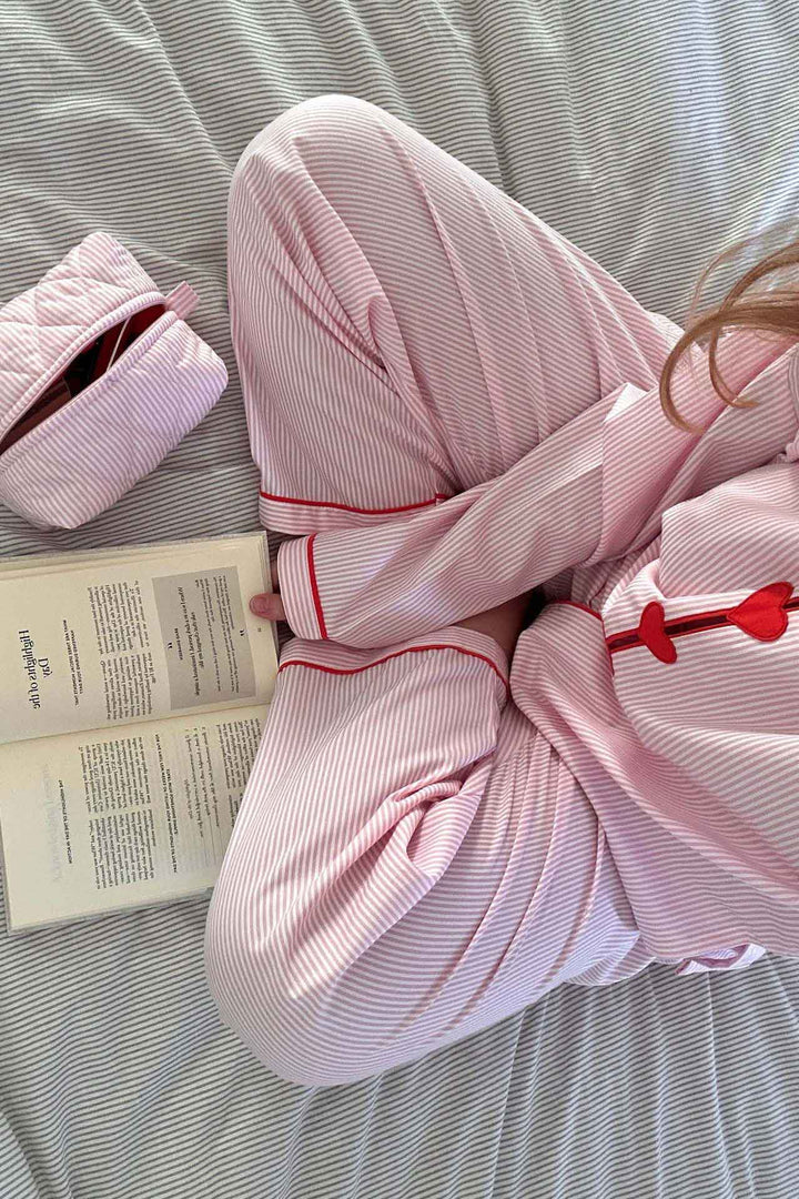 Héloïse | Pyjama Femme Rayé Col Boutons Cœur