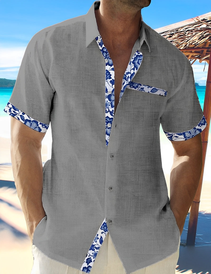 Olivier | Chemise Manches Courtes Col Fleuri Bleu Clair