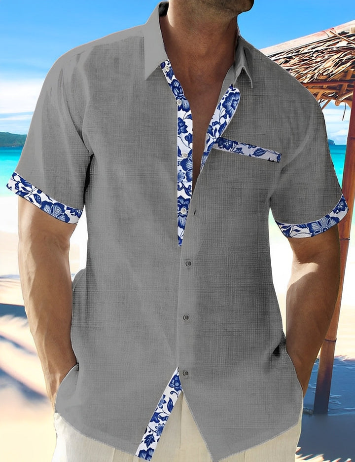 Olivier | Chemise Manches Courtes Col Fleuri Bleu Clair