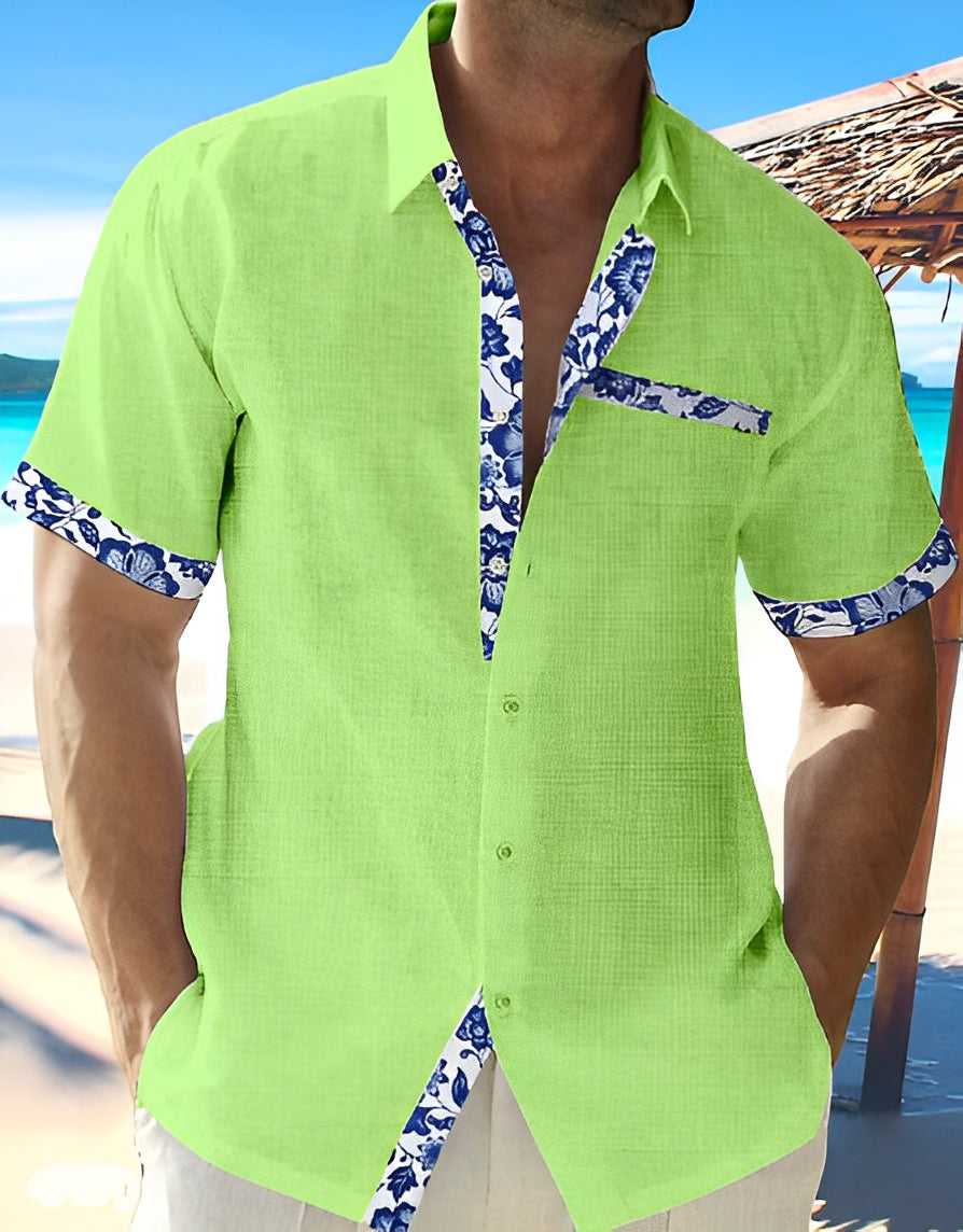 Olivier | Chemise Manches Courtes Col Fleuri Bleu Clair