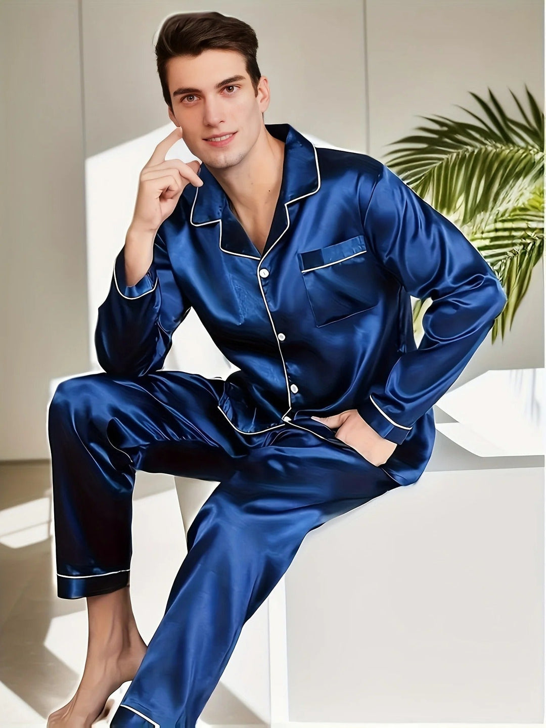 Romain | Pyjama Homme Satiné Boutonné Col Cheminée