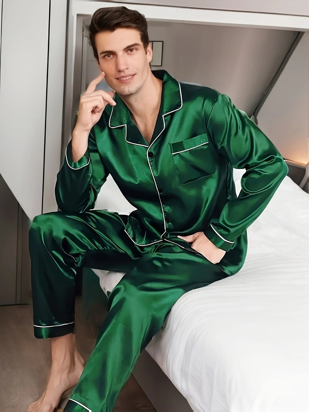 Romain | Pyjama Homme Satiné Boutonné Col Cheminée