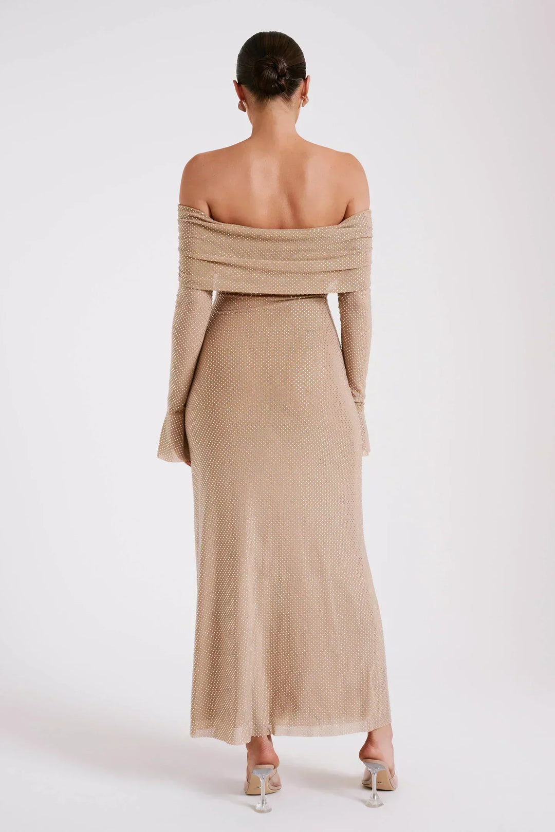 Juliette | Robe Longue Mesh Manches Cloche Col Off-Épaules