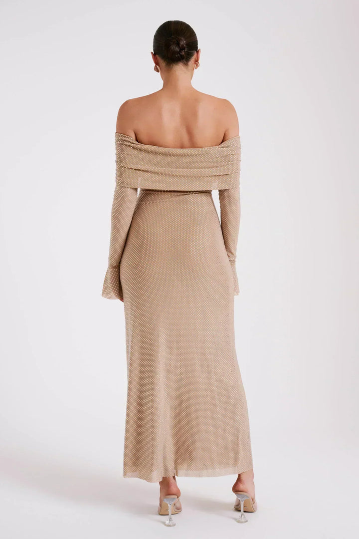 Juliette | Robe Longue Mesh Manches Cloche Col Off-Épaules