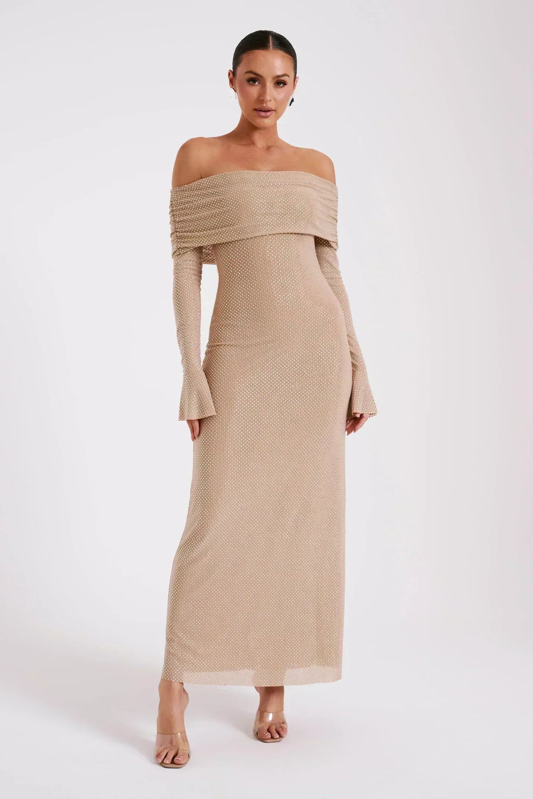 Juliette | Robe Longue Mesh Manches Cloche Col Off-Épaules
