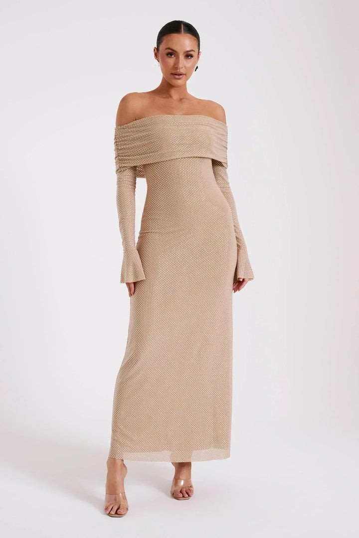 Juliette | Robe Longue Mesh Manches Cloche Col Off-Épaules