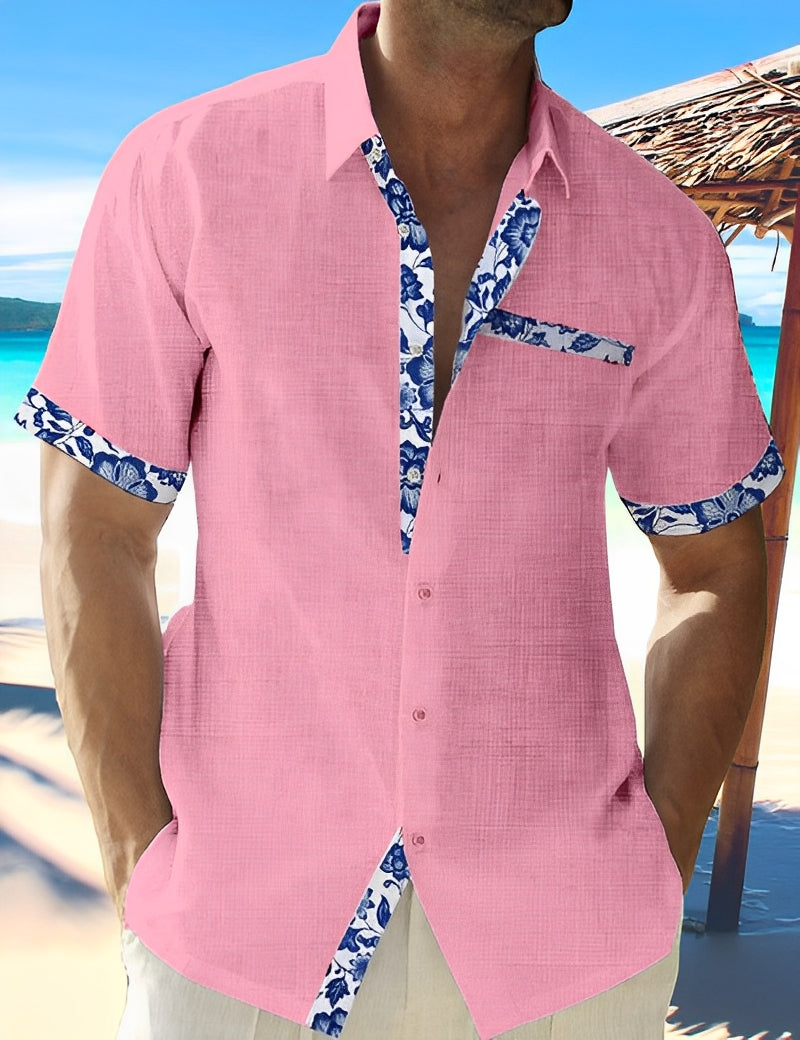 Olivier | Chemise Manches Courtes Col Fleuri Bleu Clair