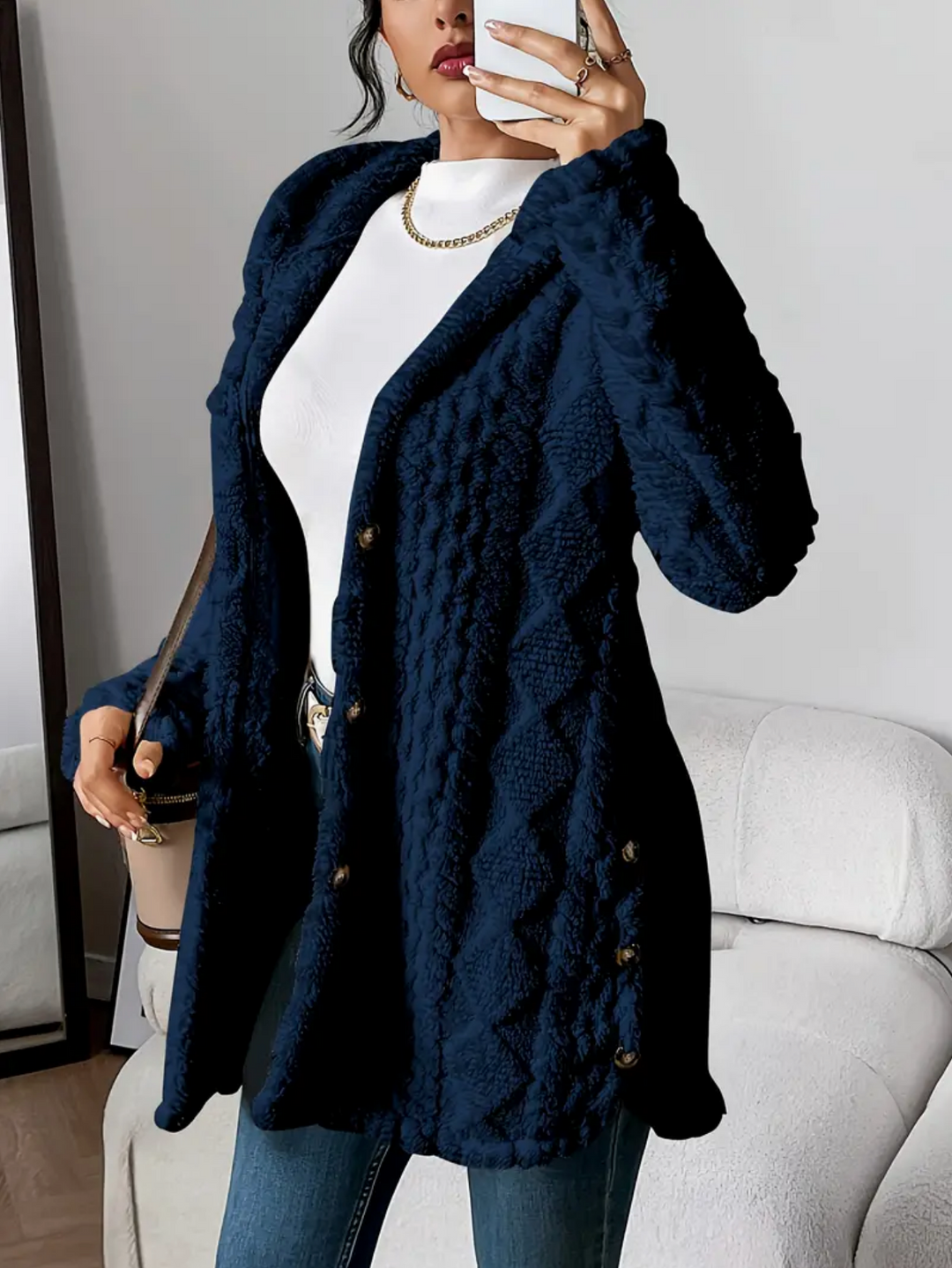 Adèle | Manteau Femme à Capuche Fausse Fourrure Écru