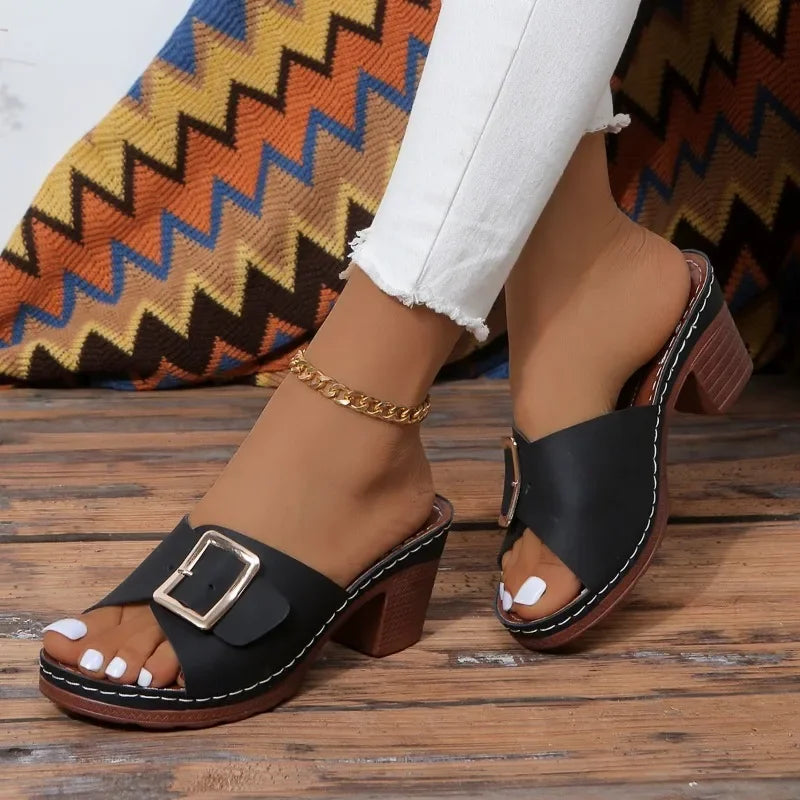 Adèle | Sandales Femme Mules Talon Carré Boucle