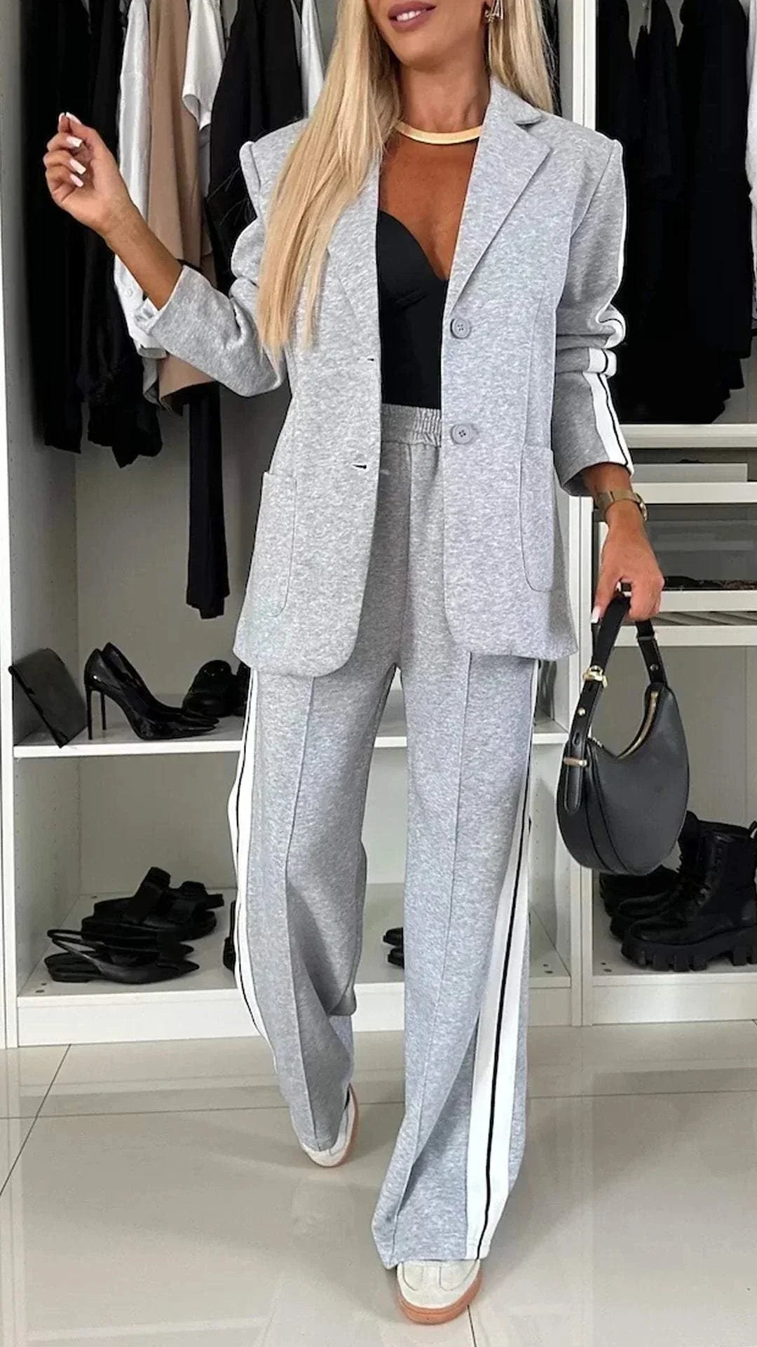 Agathe | Ensemble Blazer Pantalon Femme Bandes Blanches