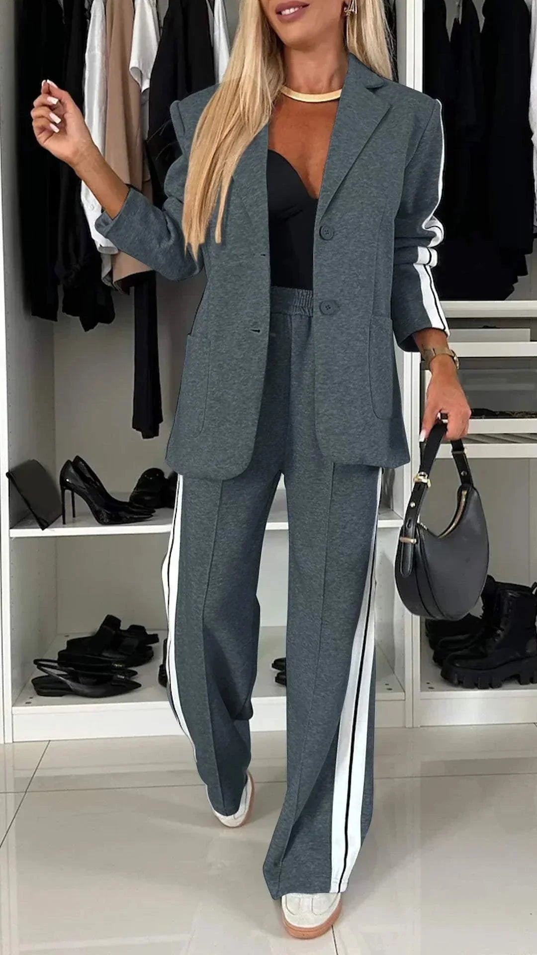 Agathe | Ensemble Blazer Pantalon Femme Bandes Blanches