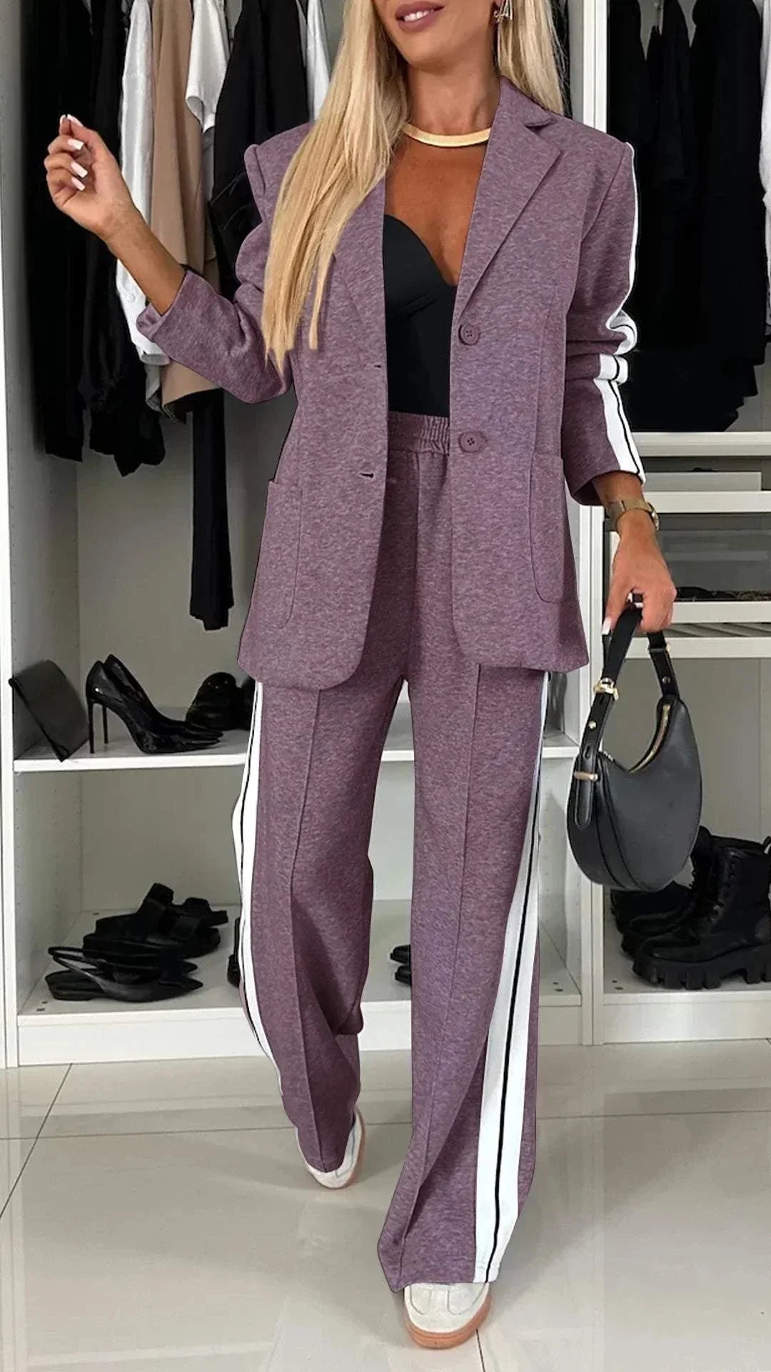 Agathe | Ensemble Blazer Pantalon Femme Bandes Blanches