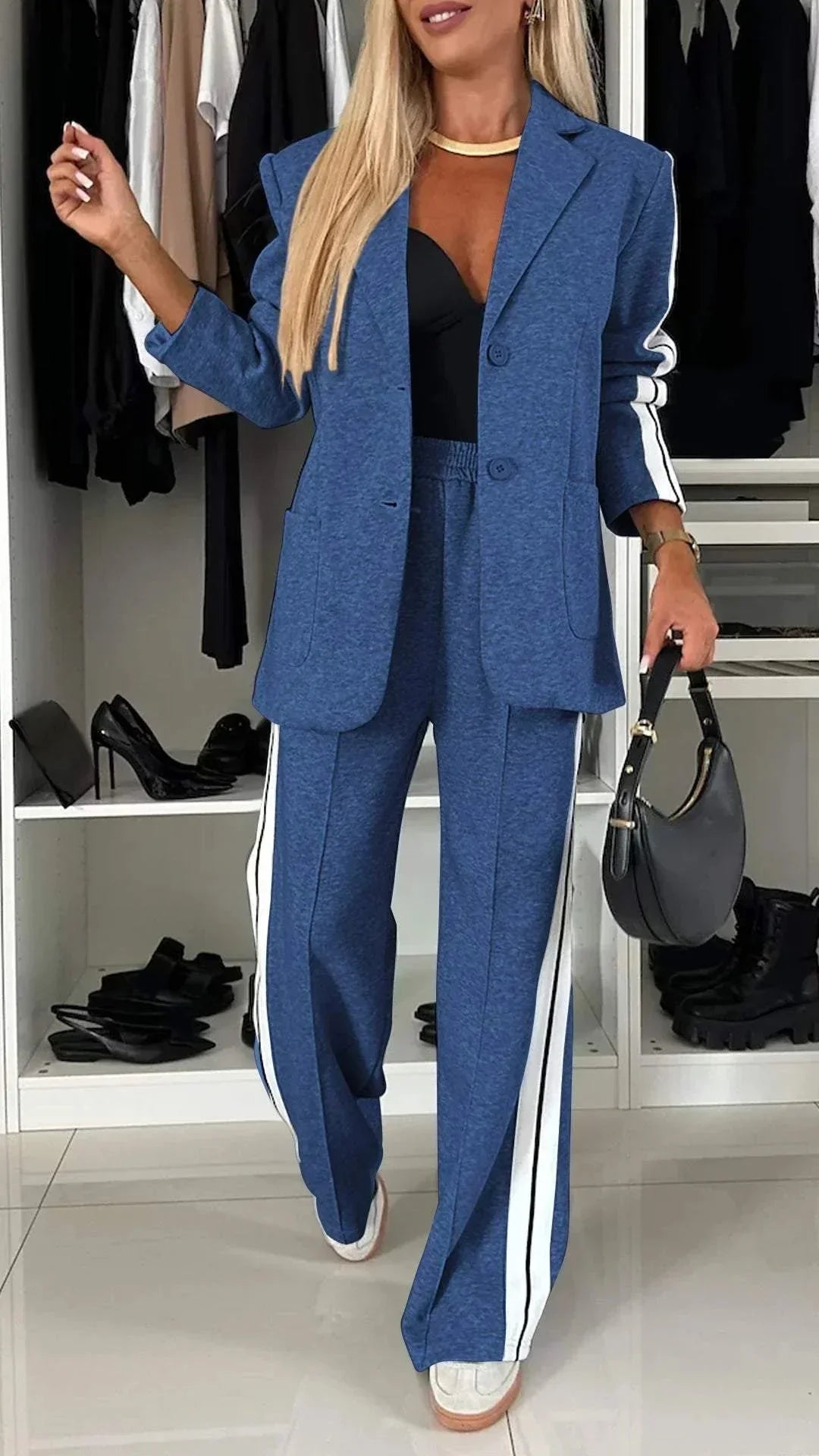 Agathe | Ensemble Blazer Pantalon Femme Bandes Blanches