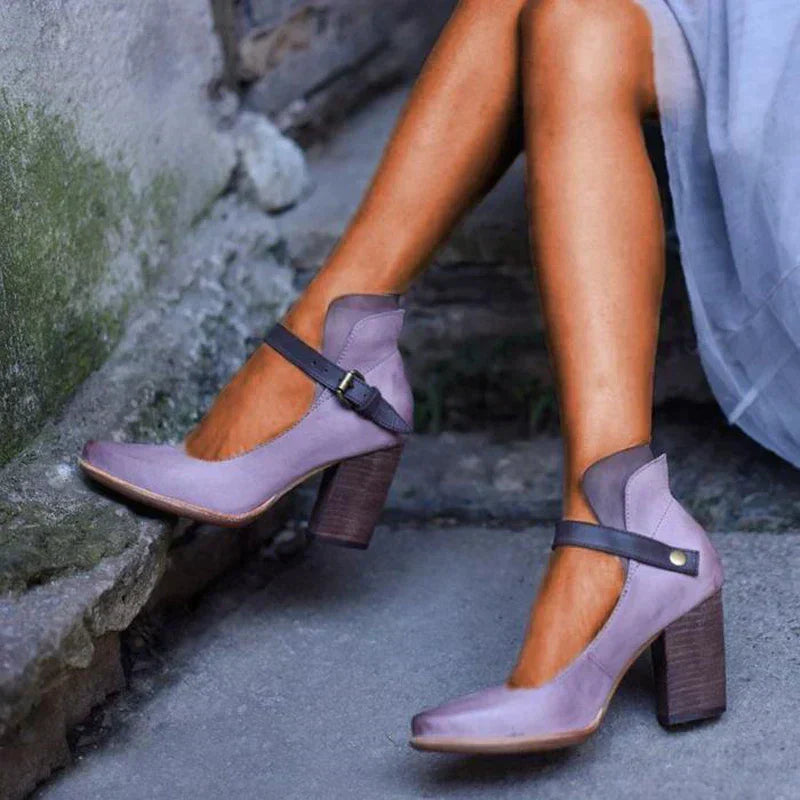 Agathe | Escarpins Mary Jane Cuir Gris Talon Carré