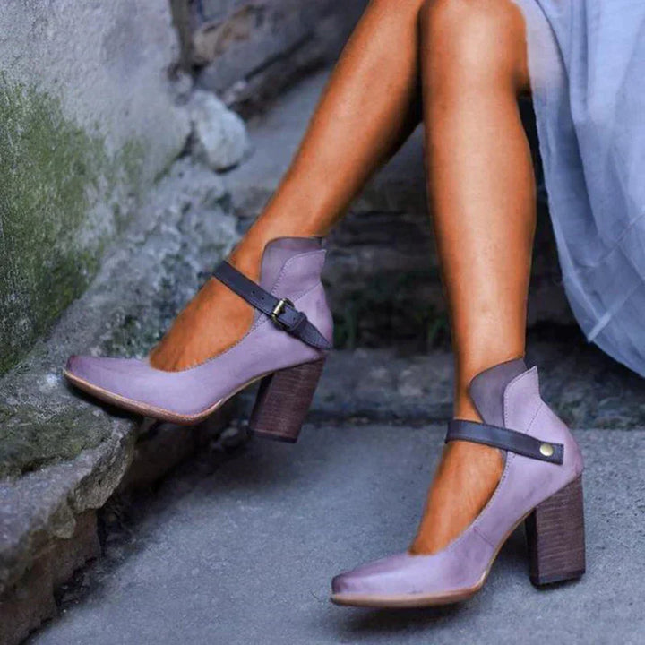 Agathe | Escarpins Mary Jane Cuir Gris Talon Carré