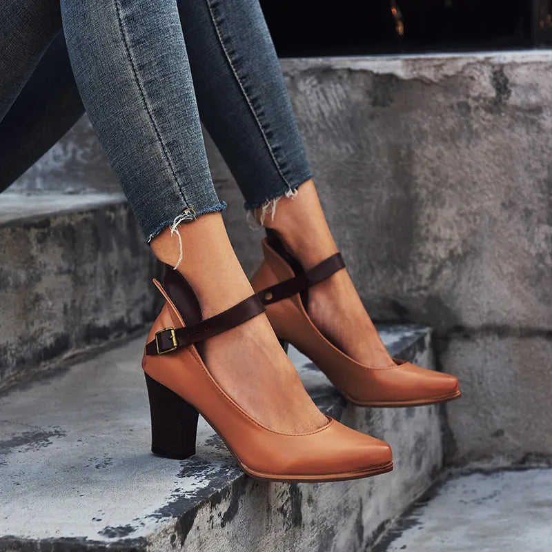 Agathe | Escarpins Mary Jane Cuir Gris Talon Carré