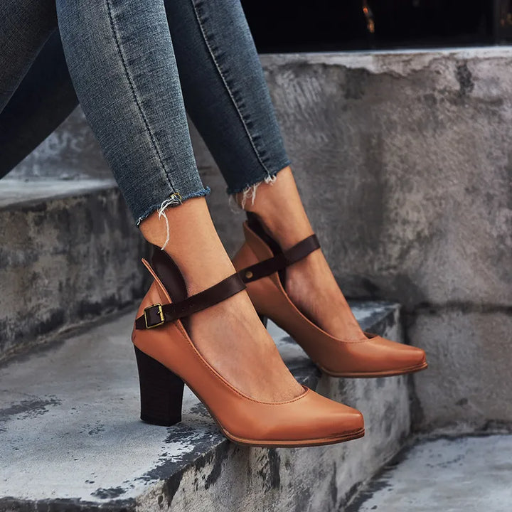 Agathe | Escarpins Mary Jane Cuir Gris Talon Carré