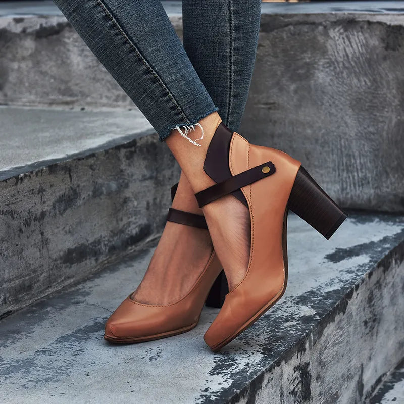 Agathe | Escarpins Mary Jane Cuir Gris Talon Carré