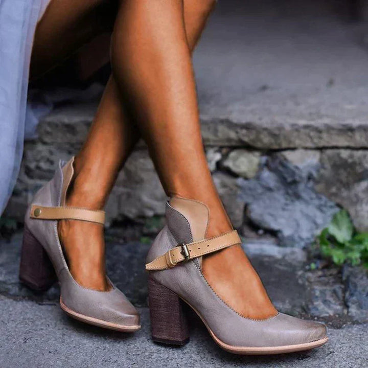 Agathe | Escarpins Mary Jane Cuir Gris Talon Carré