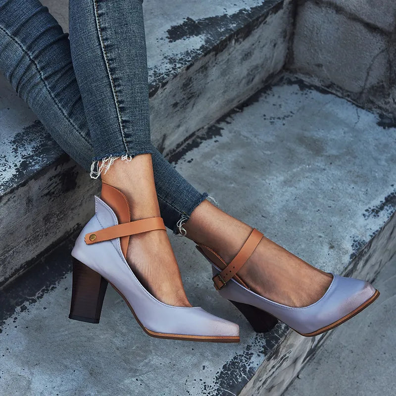 Agathe | Escarpins Mary Jane Cuir Gris Talon Carré