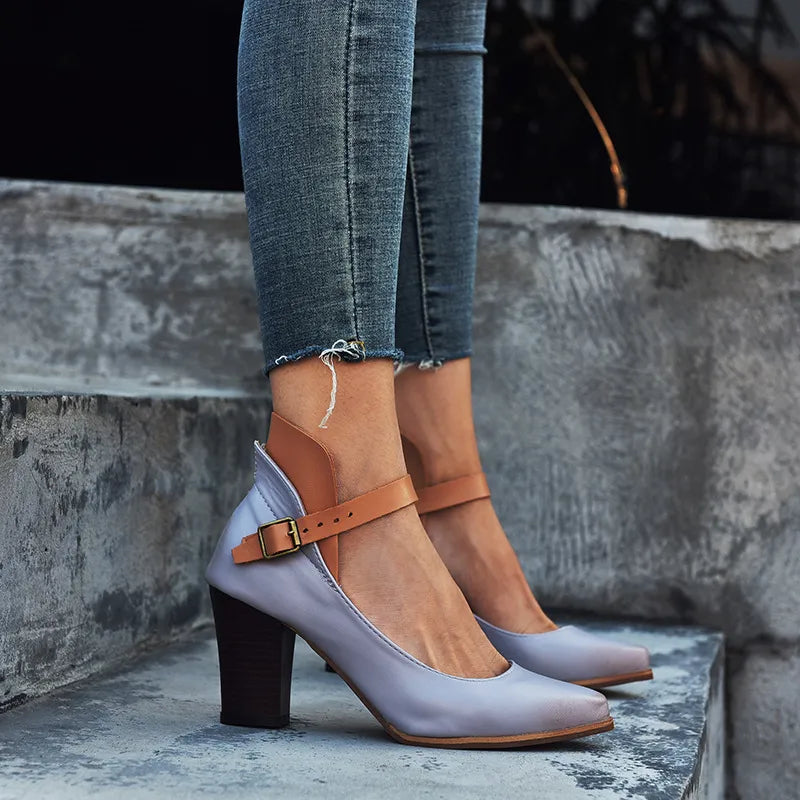 Agathe | Escarpins Mary Jane Cuir Gris Talon Carré