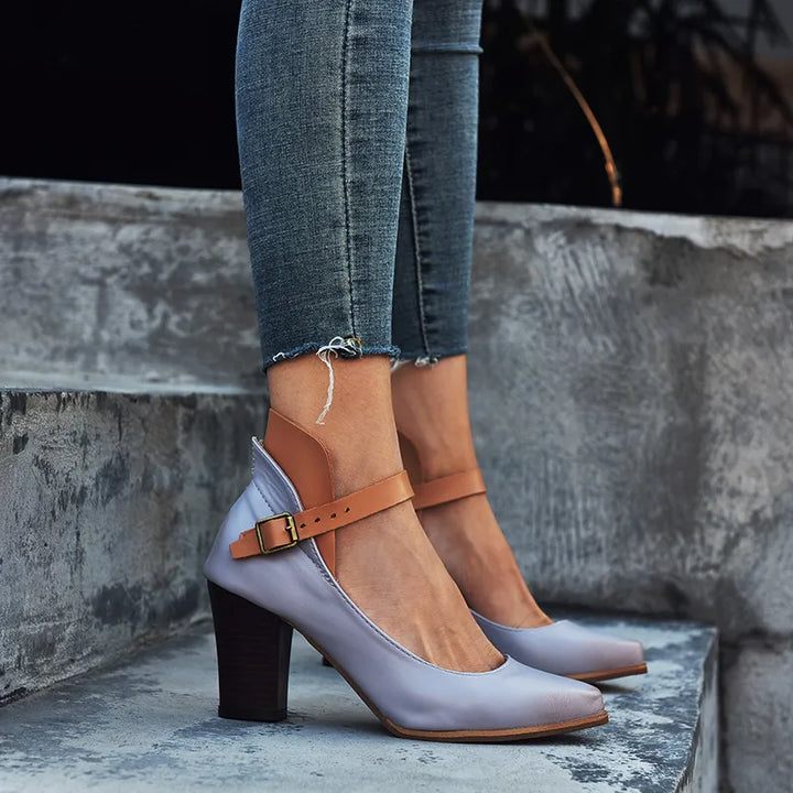 Agathe | Escarpins Mary Jane Cuir Gris Talon Carré
