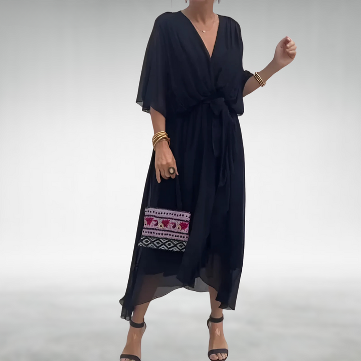 Agathe | Robe Longue Portefeuille Verte en Mousseline