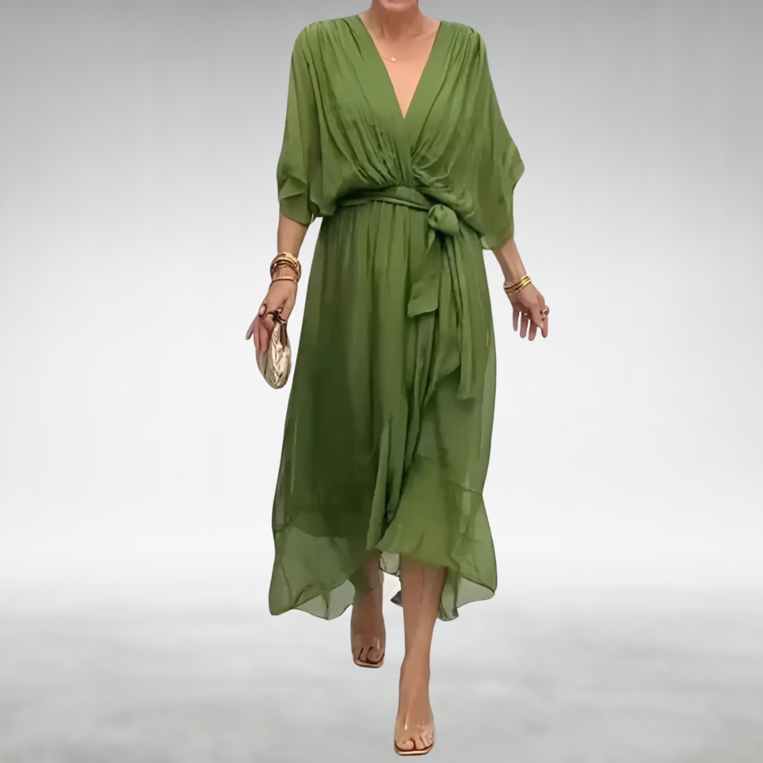 Agathe | Robe Longue Portefeuille Verte en Mousseline