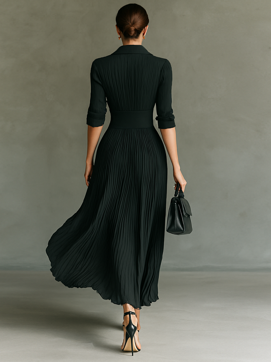 Agathe | Robe de Soirée Plissée Maxi Col Chemise