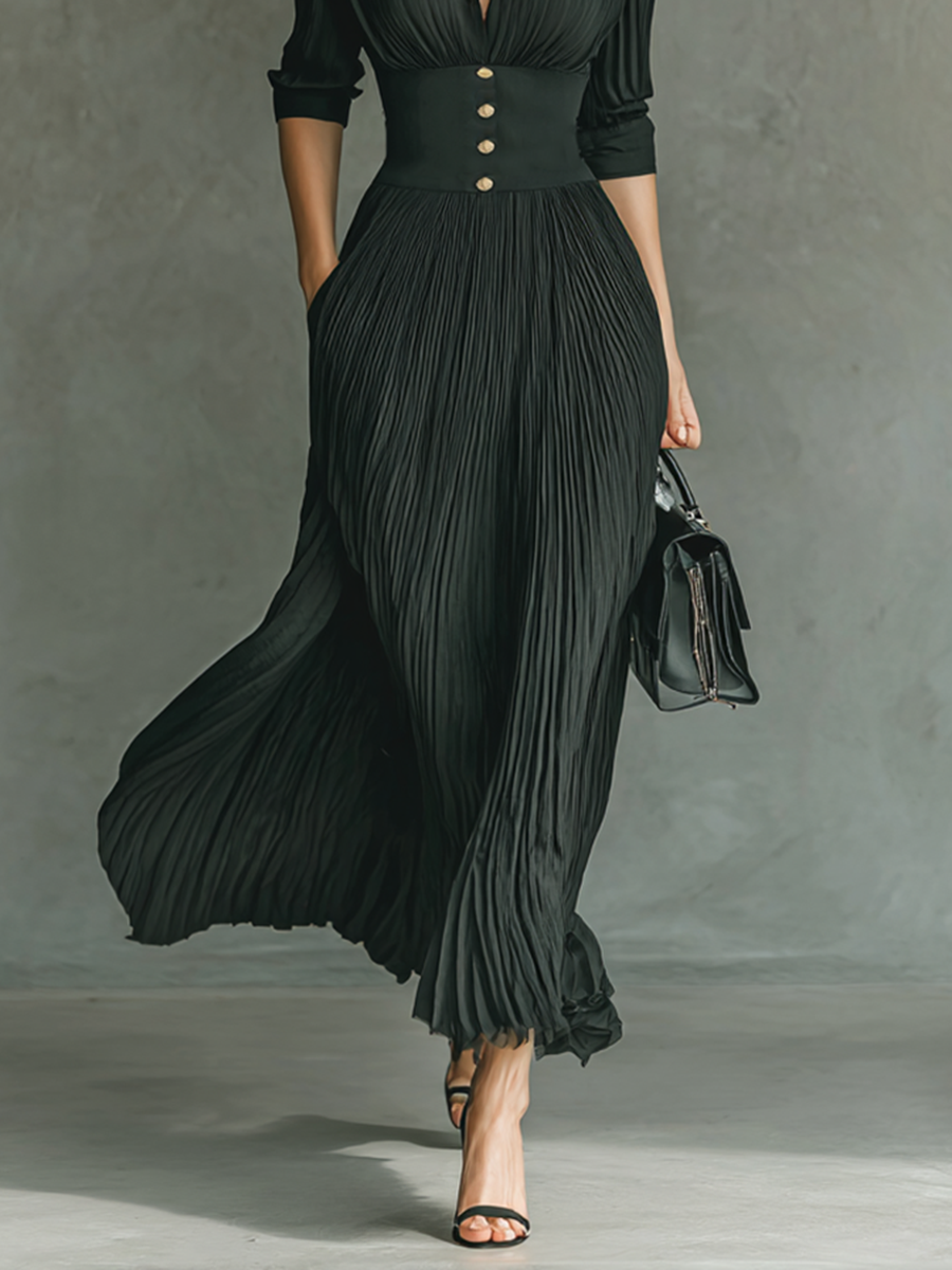 Agathe | Robe de Soirée Plissée Maxi Col Chemise