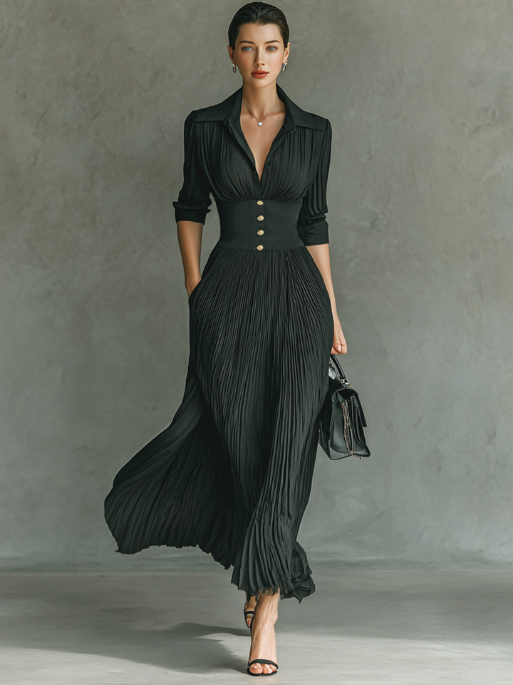 Agathe | Robe de Soirée Plissée Maxi Col Chemise