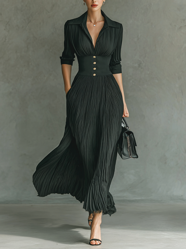Agathe | Robe de Soirée Plissée Maxi Col Chemise