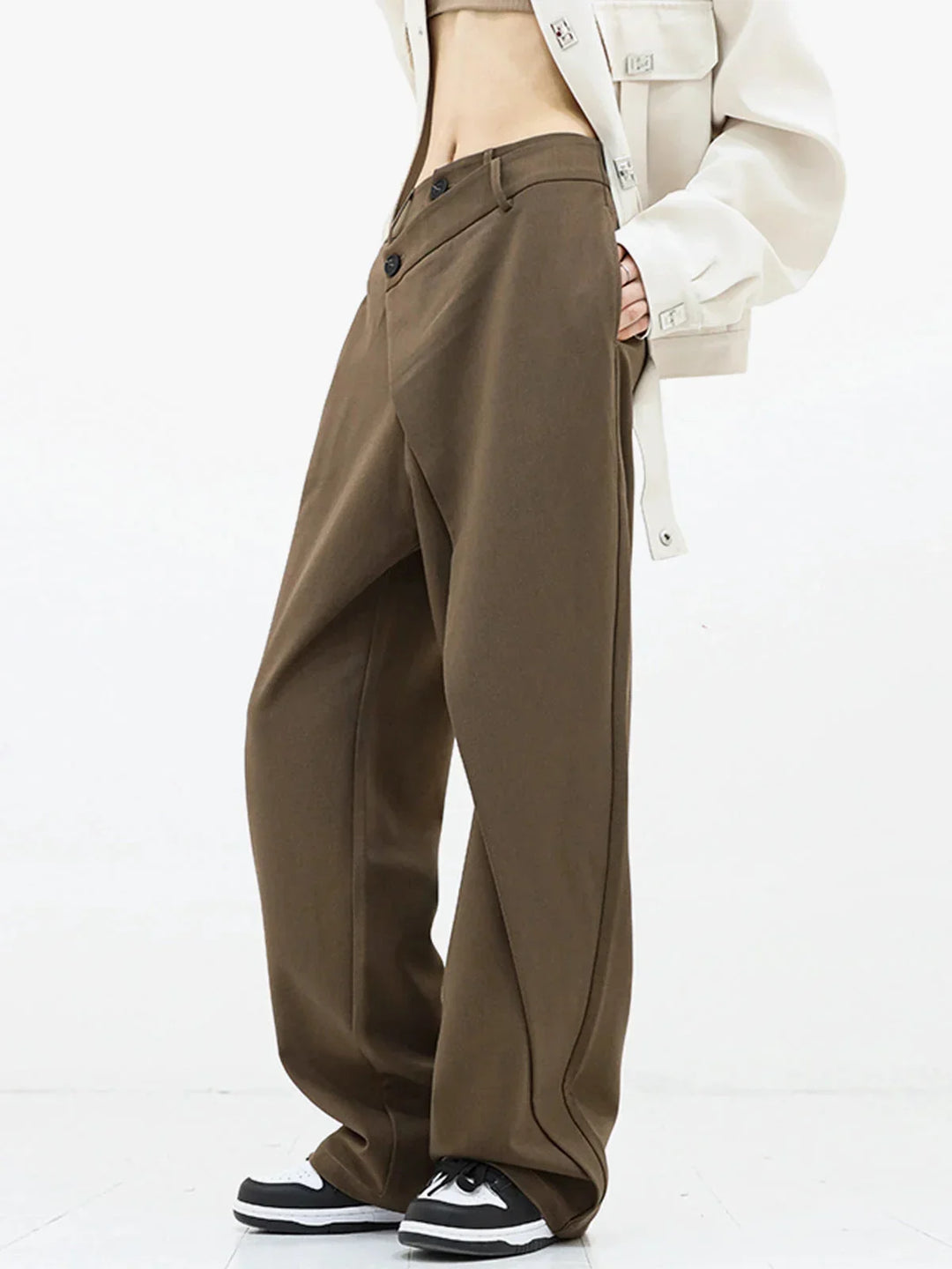 Alexis | Pantalon Large Noir Asymétrique Taille Boutonnée