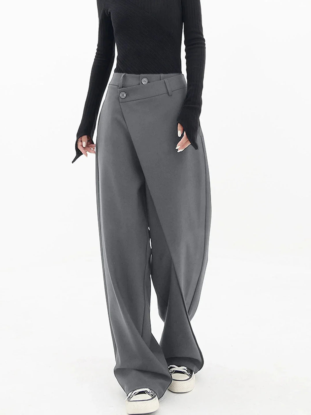 Alexis | Pantalon Large Noir Asymétrique Taille Boutonnée