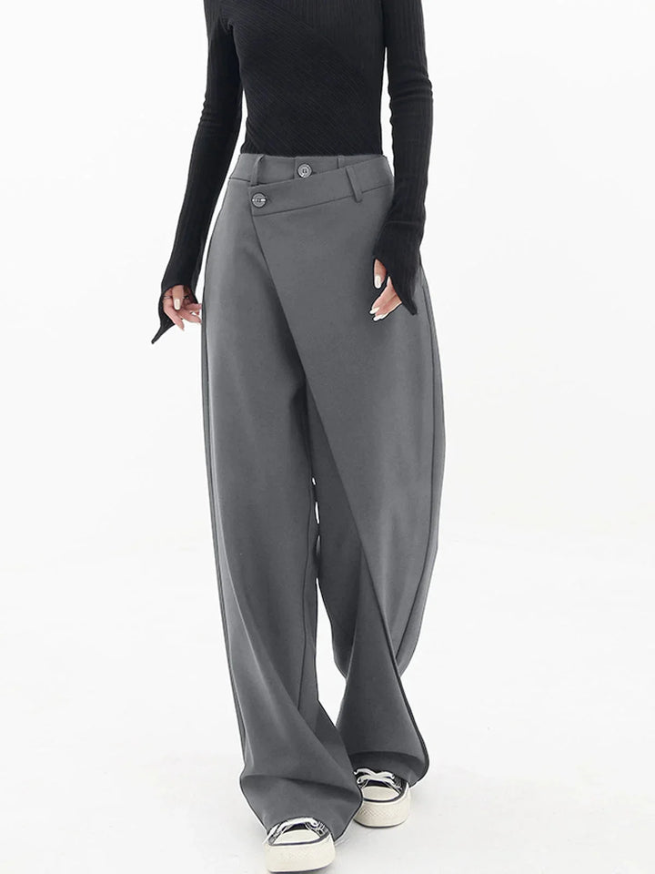 Alexis | Pantalon Large Noir Asymétrique Taille Boutonnée