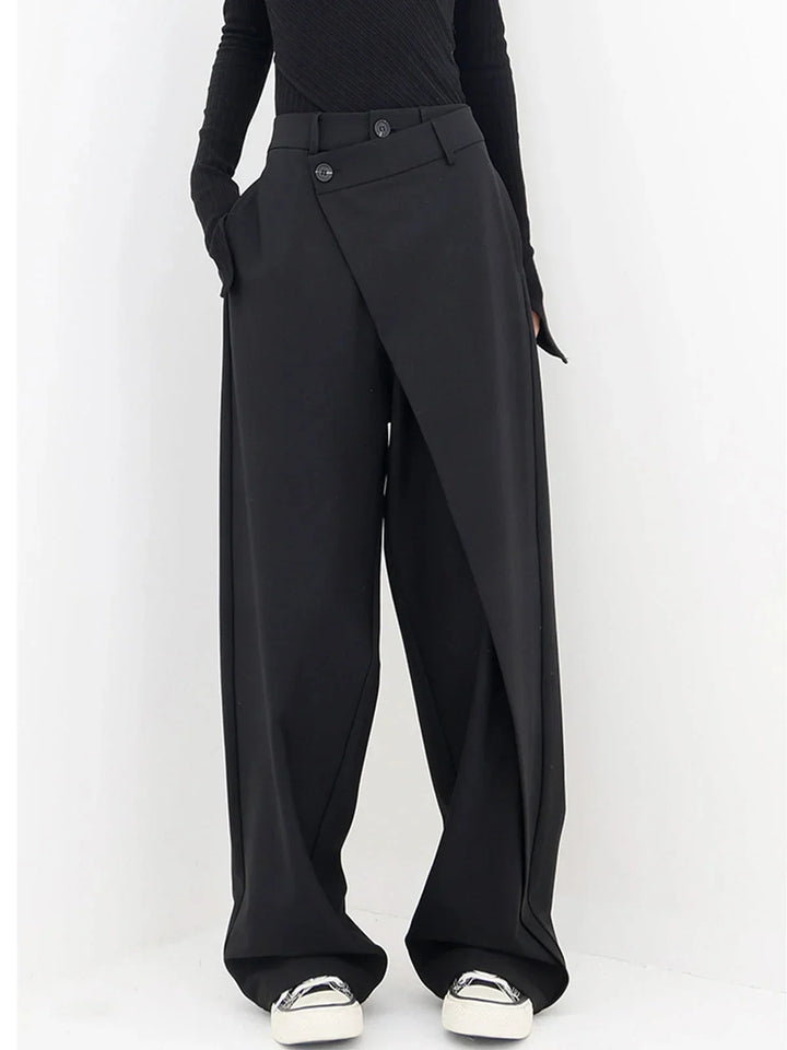Alexis | Pantalon Large Noir Asymétrique Taille Boutonnée