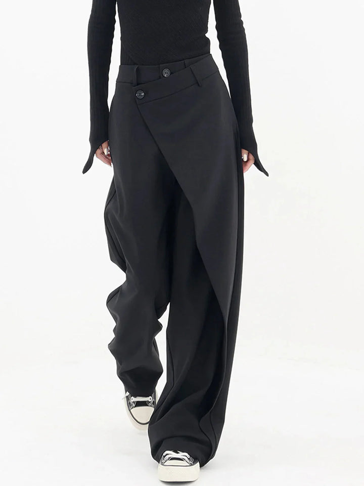 Alexis | Pantalon Large Noir Asymétrique Taille Boutonnée