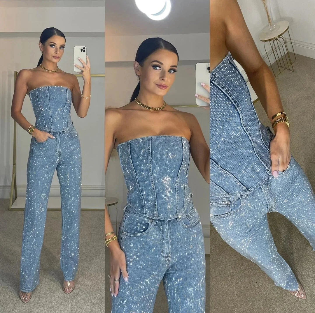 Alice | Combinaison Pantalon Bustier Femme Sequins Noir