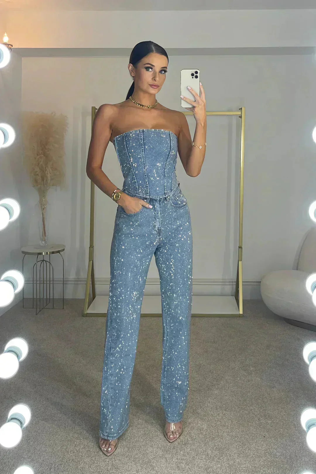 Alice | Combinaison Pantalon Bustier Femme Sequins Noir