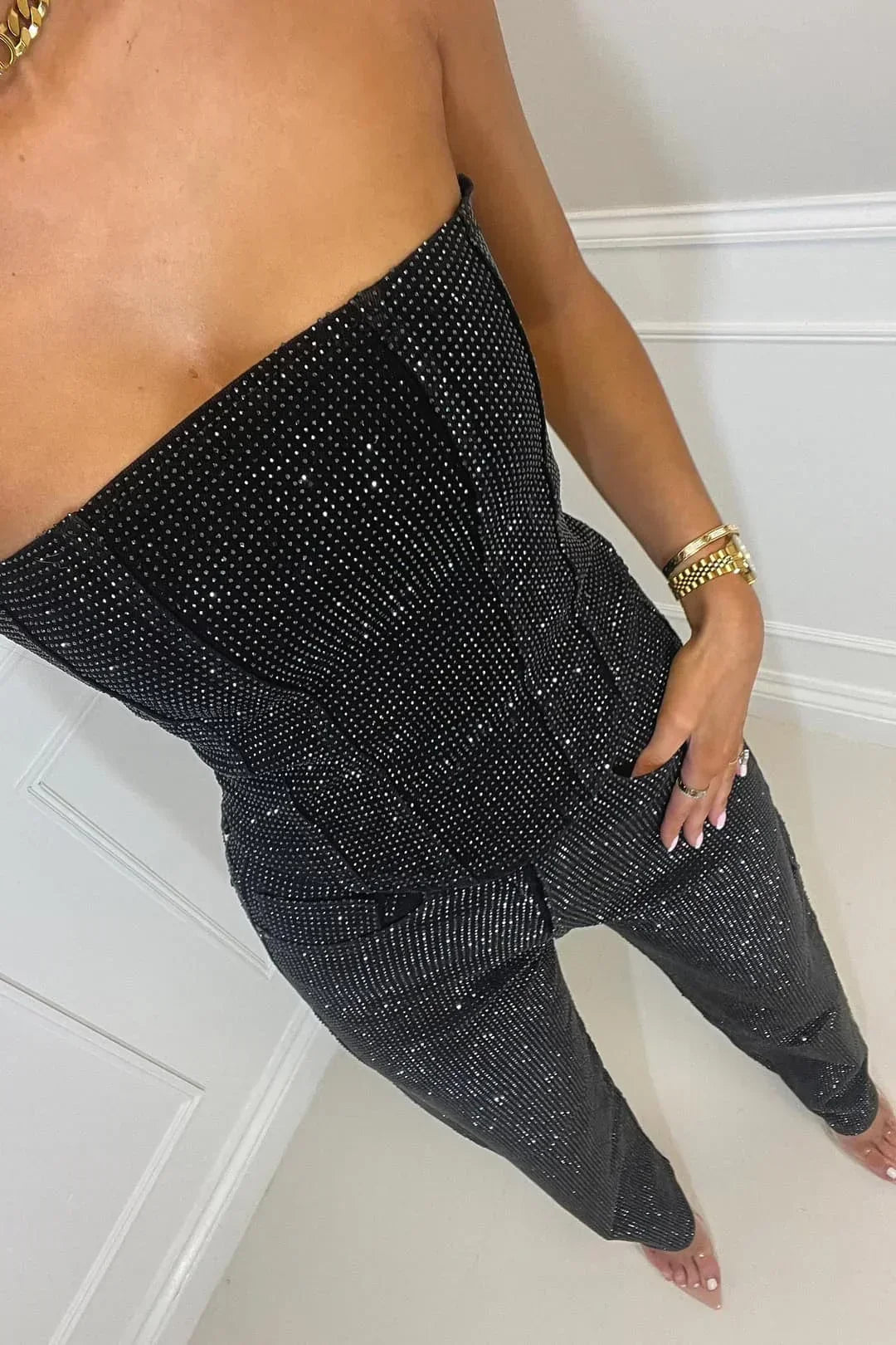 Alice | Combinaison Pantalon Bustier Femme Sequins Noir