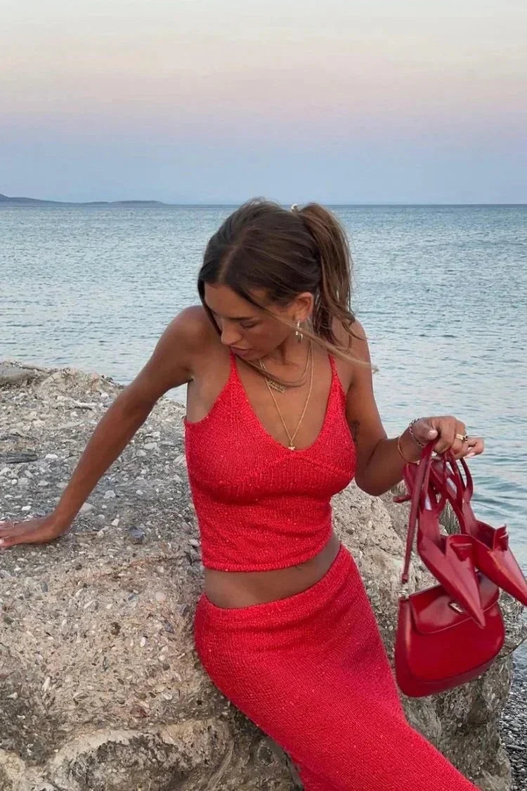 Amélie | Ensemble Jupe Maxi Paillettes Rouge Femme