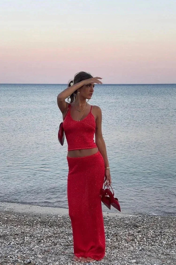 Amélie | Ensemble Jupe Maxi Paillettes Rouge Femme