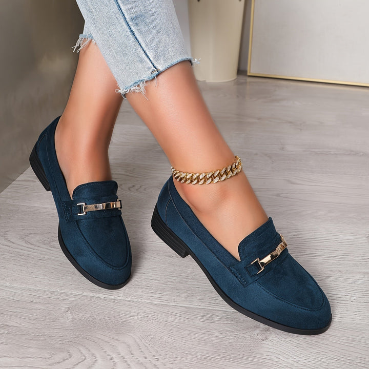 Amélie | Mocassin Femme Noir Talon Plat Détail Doré