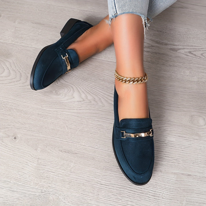 Amélie | Mocassin Femme Noir Talon Plat Détail Doré